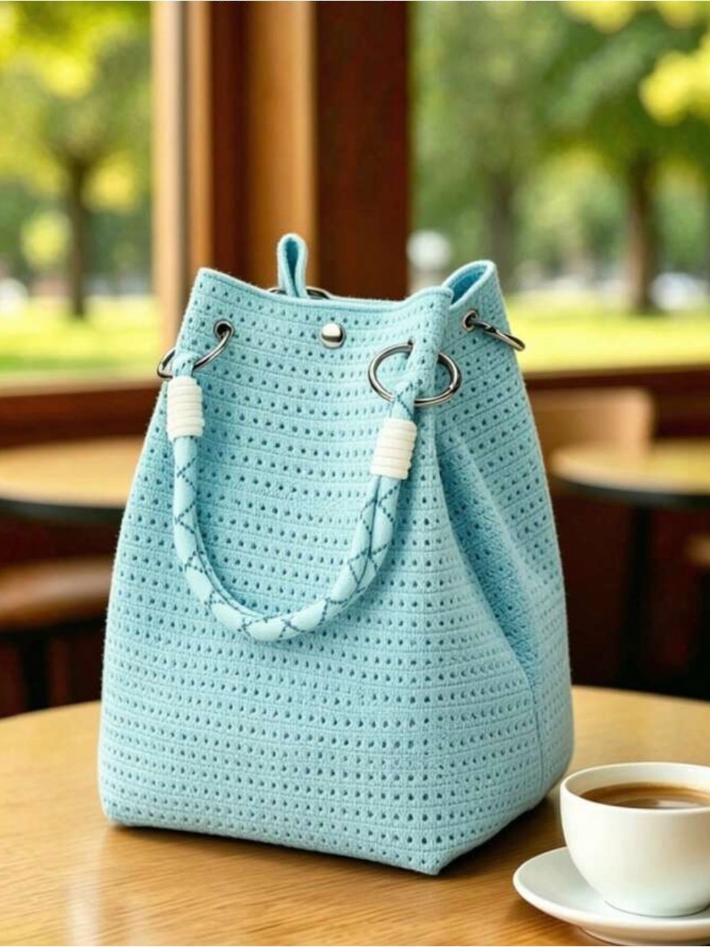 Light Blue Hollow Knit Hand Bag with Braided Handle